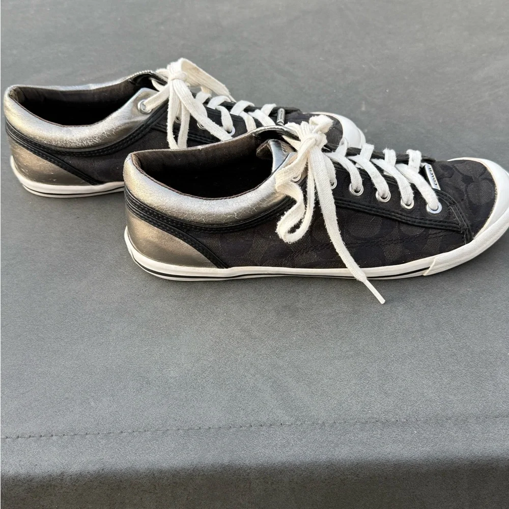 Coach Francesca lace-up sneakers in black metallic silver/pewter trim‎ 9.5